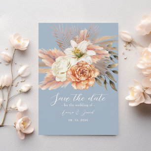 Staubblau-pfirsichfarbene Blumige Boho-Hochzeit Save The Date