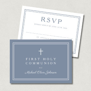Staubblau religiöses Kreuz Junge Erste Kommunion RSVP Karte