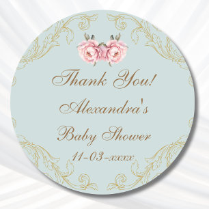 Staubblau-Rokokopfingstrosen-Baby-Shower-Dankeschö Runder Aufkleber