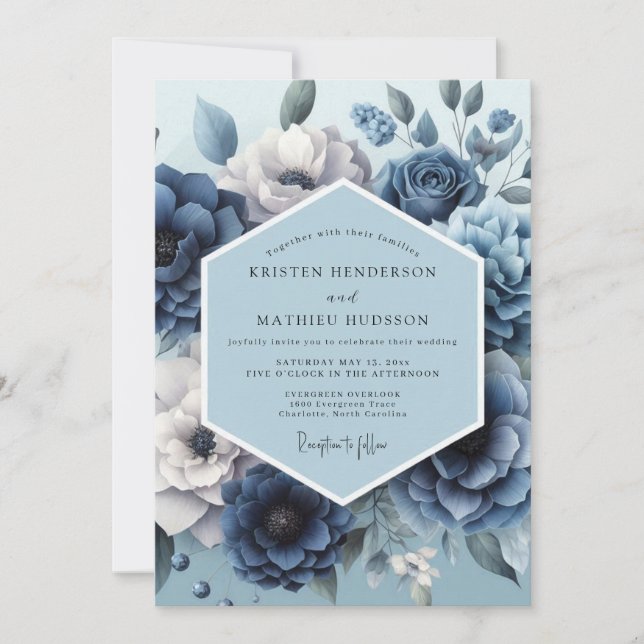 Staubblau Romantische Flora-Hochzeit Einladung (Vorderseite)