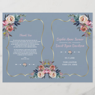 Staubblau Rosa Blumen Goldrahmen Hochzeitsprogramm