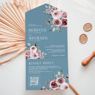 Staubblau Rosa Florale QR-Code Hochzeit All In One Einladung