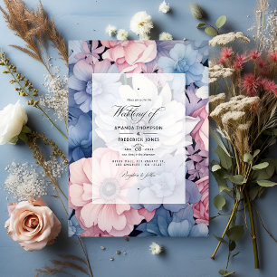 Staubblau, Rosé und Silber Blumenhochzeit Einladung