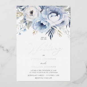Staubblau & Silber Glitzernde Blumenhochzeit Folieneinladung