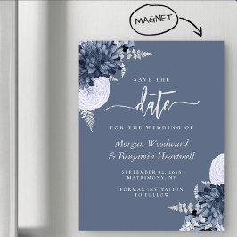 Staubblau silberne florale Hochzeit - Merkt euch d Magneteinladung