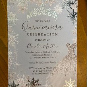 Staubblau-silberner Winter-Schneeblume-Quinceanera Folieneinladung