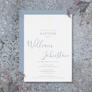 Staubblau Taufe Elegant Gold Kreuz Folieneinladung