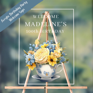 Staubblau Teetasse gelbe Blumen Acrylschild
