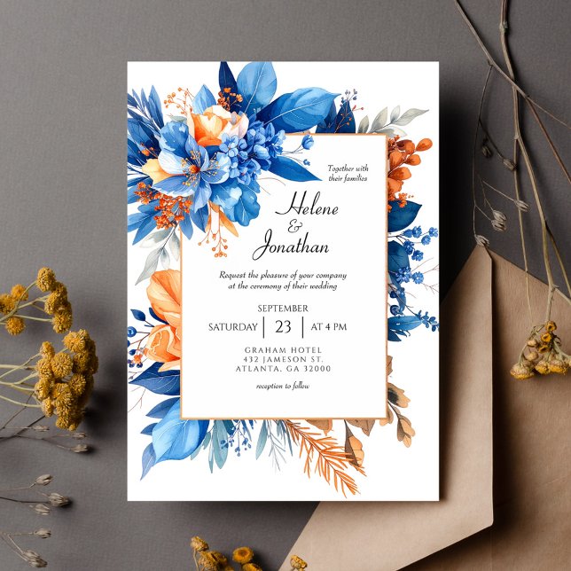 Staubblau Terrakotta Rost Boho Elegante Hochzeit Einladung (Dusty Blue Terracotta Rust Boho Elegant Wedding Invitation)