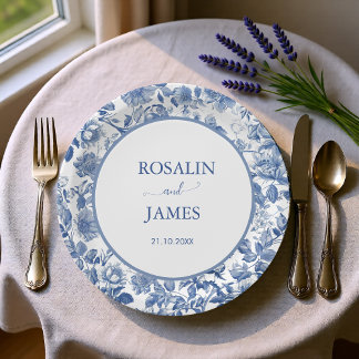 Staubblau Toile Blumen Personalisierte Hochzeit Pappteller