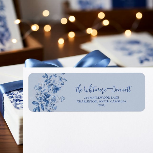 Staubblau Toile Floral Hochzeit Rücksendeadresse  (Dusty Blue Toile Floral Wedding Return Address Label)