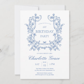 Staubblau Toile Vintage Monogramm Geburtstag  Einladung