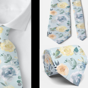 Staubblau und cremefarbene florale Rosen Aquarell- Krawatte