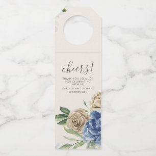 Staubblau und Elfenbein Blumen Aquarell Flaschenanhänger