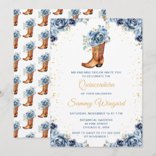 Staubblau und Gold Floral Cowboy Stiefel Quinceañe Einladung