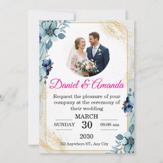 Staubblau und Gold Florale Foto-Hochzeitseinladung Einladung