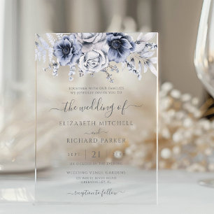 Staubblau und marineblaue florale elegante Hochzei Acryleinladungen
