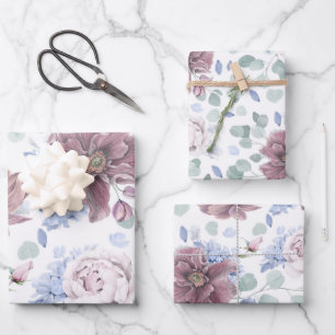 Staubblau und Mauve Blumen Botanisches Muster Geschenkpapier Set