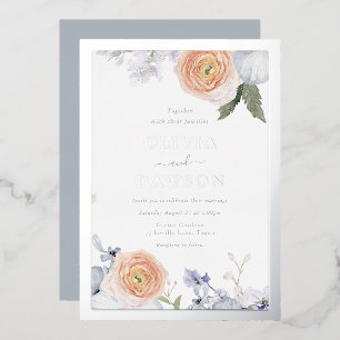 Staubblau und Pfirsich Blumen Hochzeit mit Silberf Folieneinladung