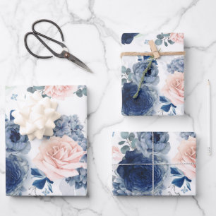 Staubblau und rosa Blumen Elegante Botanik Geschenkpapier Set