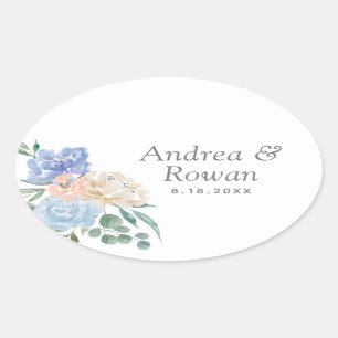 Staubblau- und rosa Blumenhochzeit Ovaler Aufkleber