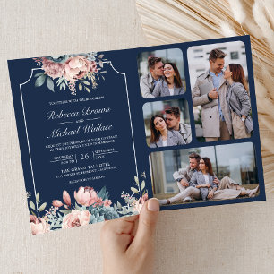 Staubblau und rosa florale Navy QR-Code-Hochzeit Einladung