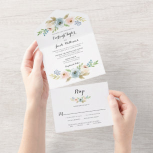 Staubblau und rosafarbenes Florales Landhochzeitst All In One Einladung