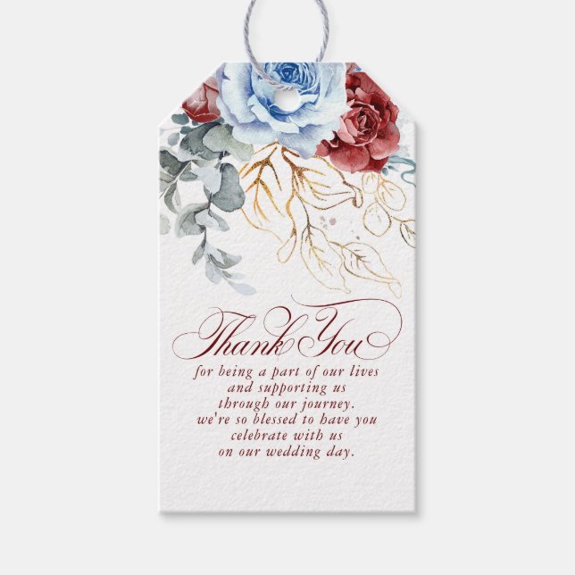 Staubblau und rote Blumen Boho Dankeschön Geschenkanhänger (Vorderseite)