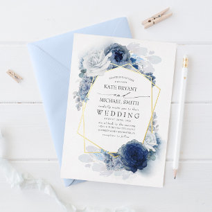 Staubblau- und weiße florale botanische Hochzeit Folieneinladung