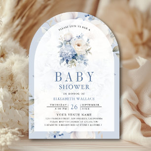 Staubblau und weiße florale QR-Code-Baby-Party-Ein Einladung