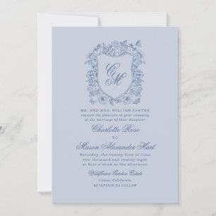Staubblau Vintage-Blumen-Wappen-Hochzeit Elegant Einladung