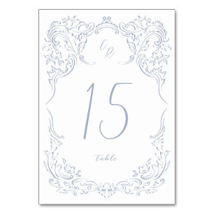 Staubblau Vintage Flourish Monogramm Hochzeit Tischnummer