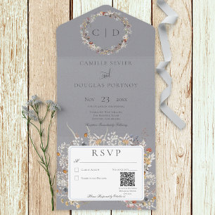 Staubblau Vintage Romantische Wildblume QR-Code All In One Einladung