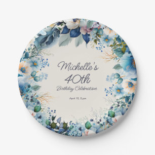 Staubblau Weiß Navy Floral Damen 40. Geburtstag Pappteller