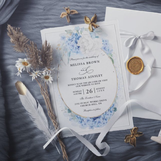 Staubblau Weiße Blumen Budget QR Code Hochzeit Einladung (Von Creator hochgeladen)