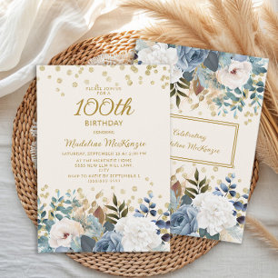 Staubblau Weiße Blumen Gold 100. Geburtstag Einladung