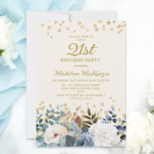 Staubblau Weiße Blumen Gold 21. Geburtstag Einladung