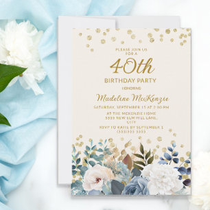 Staubblau Weiße Blumen Gold 40. Geburtstag Einladung