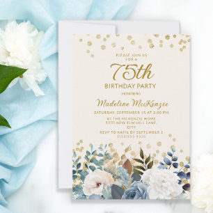 Staubblau Weiße Blumen Gold 75. Geburtstag Einladung