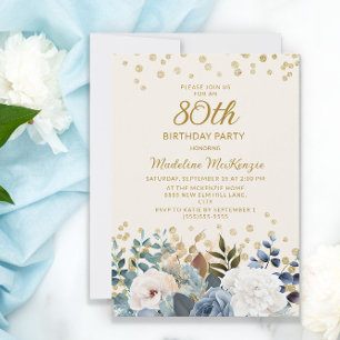 Staubblau Weiße Blumen Gold 80. Geburtstag Einladung