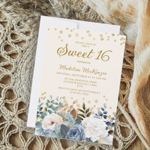 Staubblau Weiße Blumen Gold Glitter Sweet 16 Einladung