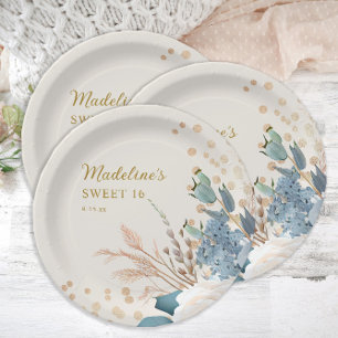 Staubblau Weiße Blumen Gold Glitter Sweet 16 Pappteller