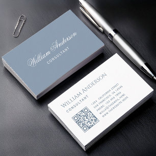 Staubblau Weiße einfache QR-Code und Kalligrafie  Visitenkarte