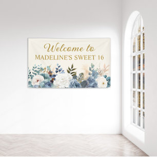 Staubblau-weiße Floral-Sweet-16-Willkommen Banner