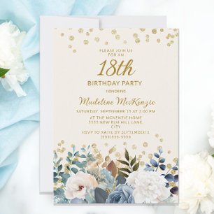 Staubblau Weiße Florale Goldene 18. Geburtstagsfei Einladung