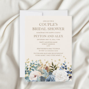 Staubblau Weiße Florale Goldene Brautpaar-Hochzeit Einladung