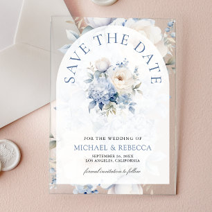Staubblau-weiße florale Hochzeit - Save-the-Date-K Acryleinladungen