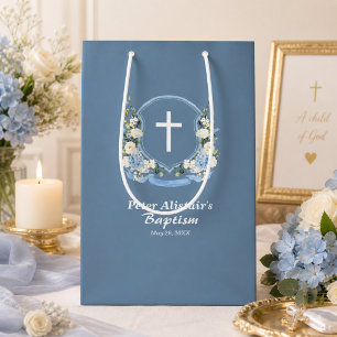 Staubblau Weiße Kreuz Blumen Wappen Taufe Mittlere Geschenktüte