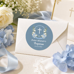 Staubblau-weiße Kreuz-Blumen-Wappen-Taufgeschenk Runder Aufkleber