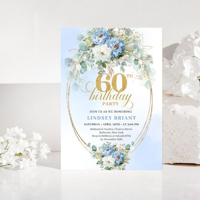 Staubblau weiße Pfingstrose Gold Blumen 60. Geburt Einladung (Dusty blue white peony gold floral 60th birthday invitation

)